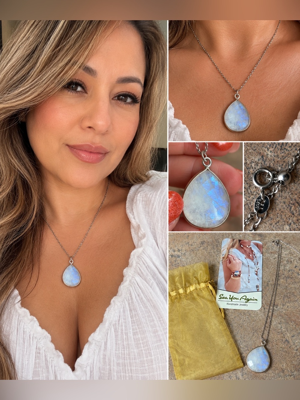 (#25) Sea You Again 925 Sterling Silver Rainbow Moonstone Necklace